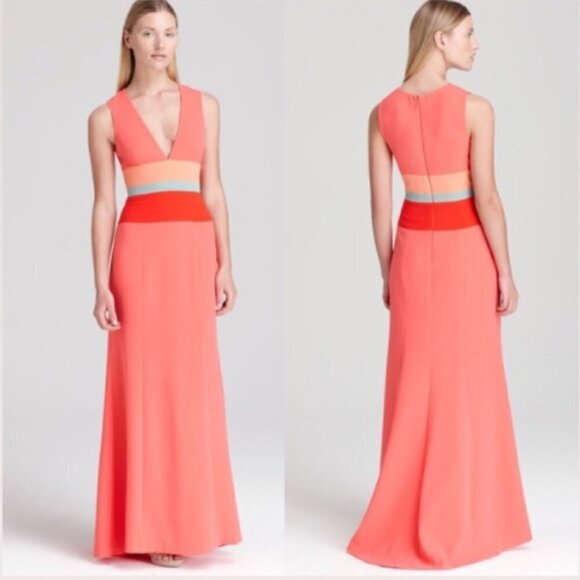NWT BCBGMAXAZRIA LIZETTE CORAL COLORFUL STRIPES V-NECK SLEEVELESS MAXI DRESS - 2 - Picture 1 of 10
